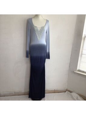 Venus Women Elegant Blue Ombre Crochet Lace Long Sleeve Ruching Maxi Dress M